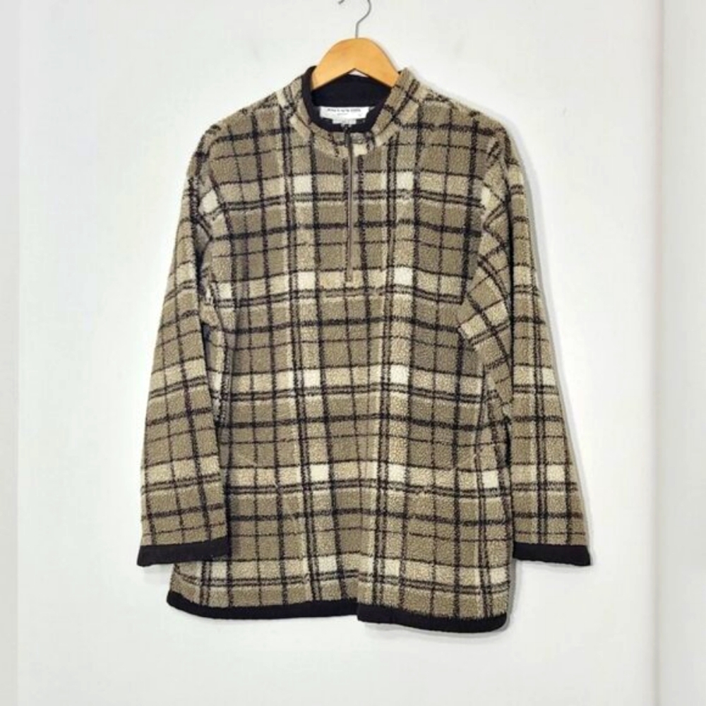 Jones New York Brown Tan Plaid Cottagecore Cozy Zip High Neck Fleece Oversized M